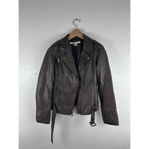 Rezrekshn By Esther Chen Brown Leather Moto Jacket XS Belted Biker